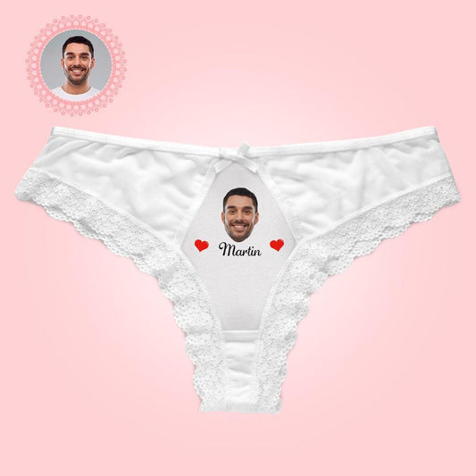 Personalised white lace panties flat-lay with boyfriend’s face and name printed on soft modal — perfect personalised photo gift for her, Valentine’s Day or anniversary.