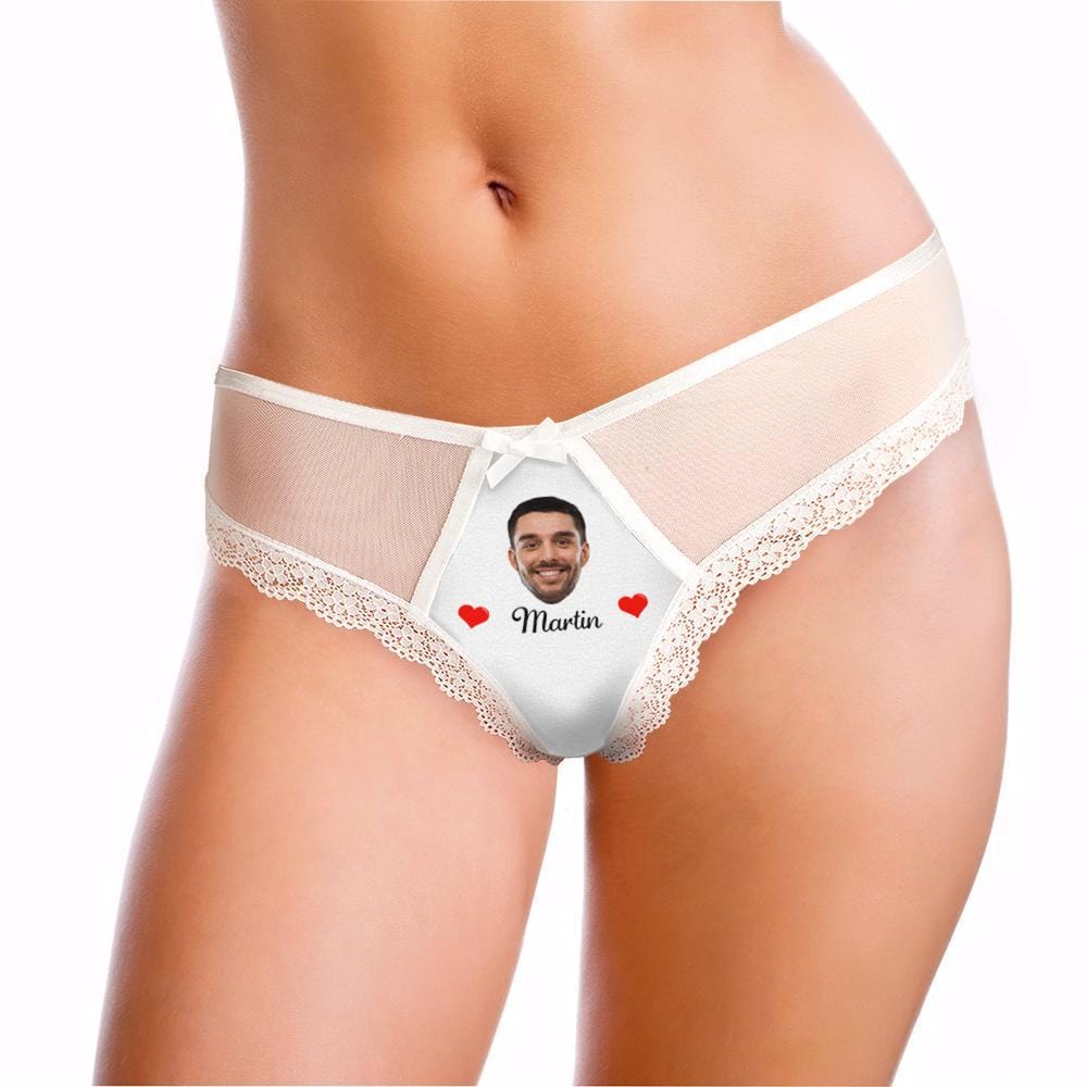 Model wearing personalised white lace knickers featuring a boyfriend’s face and name — playful, romantic personalised underwear and funny gift idea for girlfriend.