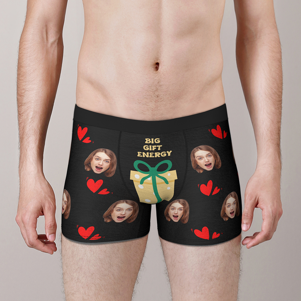 Black Personalised Face Christmas Boxer Briefs with bold face print — humorous personalised underwear gift for dad or grandpa