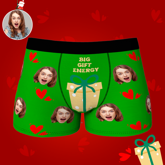 Green Personalised Face Christmas Boxer Briefs showing a customised face print — funny custom photo underwear, novelty Christmas gift