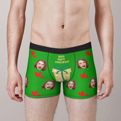 Green Personalised Face Christmas Boxer Briefs showing a customised face print — funny custom photo underwear, novelty Christmas gift