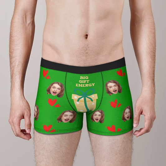 Green Personalised Face Christmas Boxer Briefs showing a customised face print — funny custom photo underwear, novelty Christmas gift