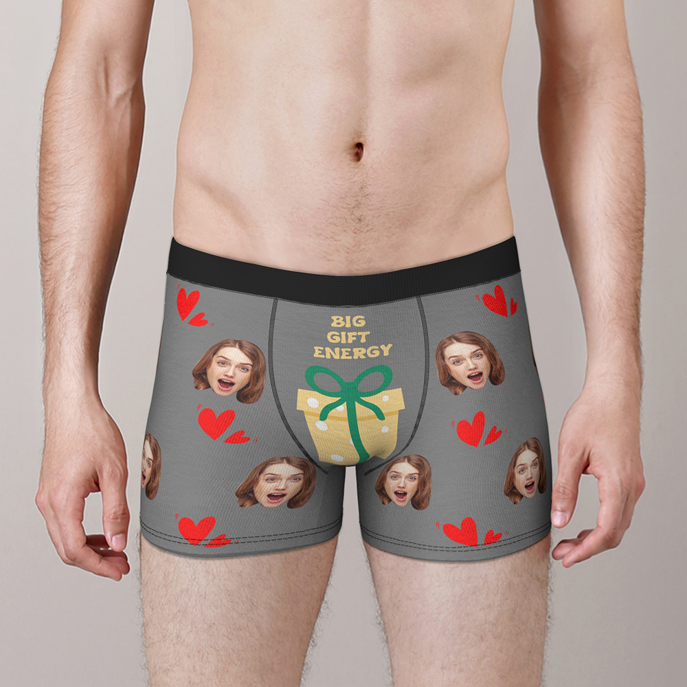 Grey Personalised Face Christmas Boxer Briefs displaying face photo and comfortable waistband — personalised novelty gift idea