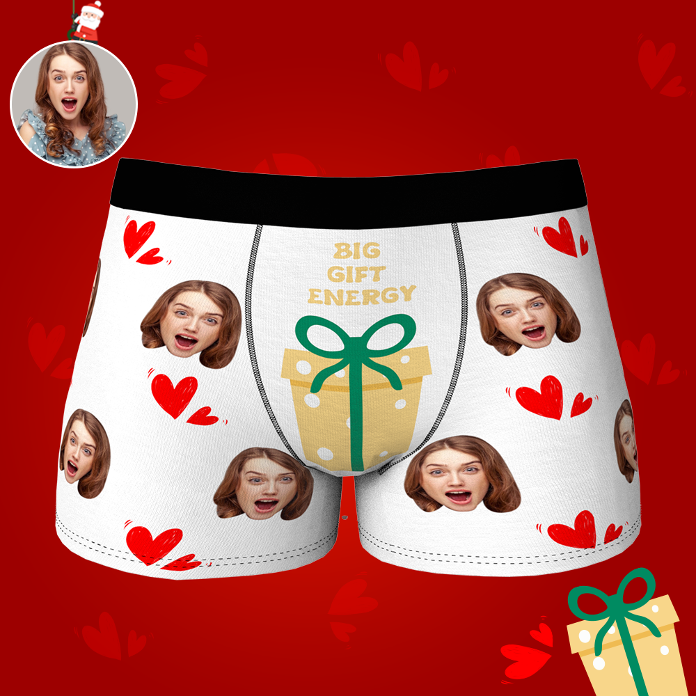 Green personalised boxer briefs angled view showing print placement and elastic waistband — personalised underwear, photo gift for him