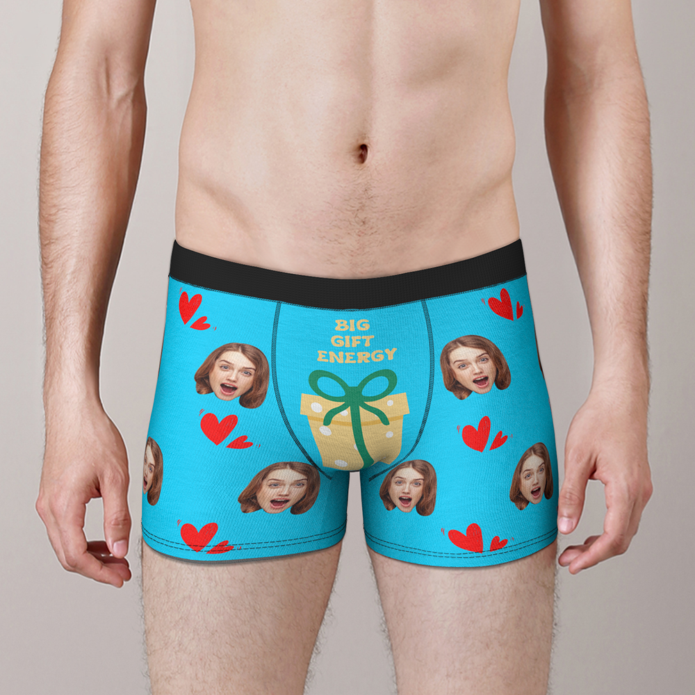 Blue Personalised Face Christmas Boxer Briefs with customised photo and festive theme — personalised photo gift for him
