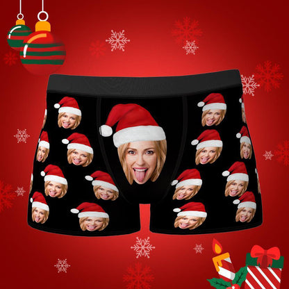 Personalised face boxers with Christmas hat print — custom photo underwear for men, close-up of frontal face cutout