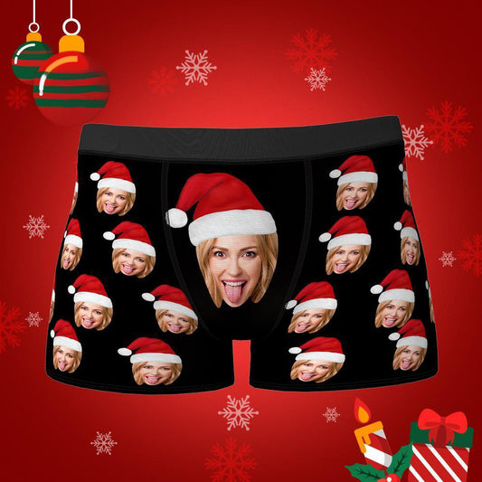 Personalised face boxers with Christmas hat print — custom photo underwear for men, close-up of frontal face cutout