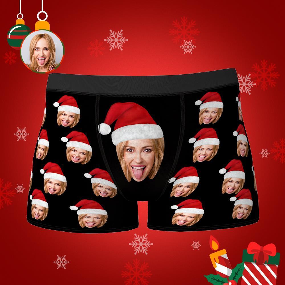 Personalised face boxers with Christmas hat print — custom photo underwear for men, close-up of frontal face cutout