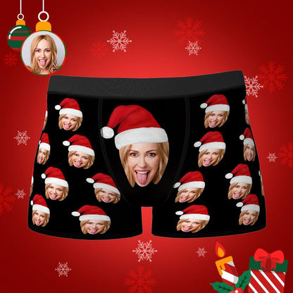 Personalised face boxers with Christmas hat print — custom photo underwear for men, close-up of frontal face cutout
