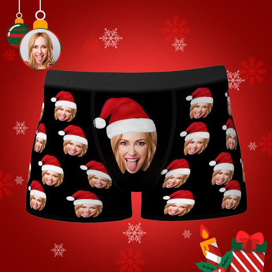 Personalised face boxers with Christmas hat print — custom photo underwear for men, close-up of frontal face cutout