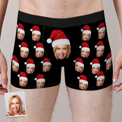 Close-up GIF of personalised face boxers showing soft elastic waistband and printed Christmas hat detail