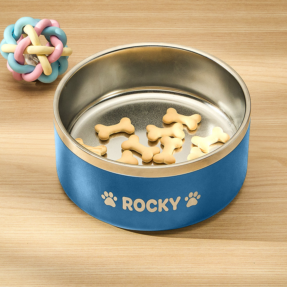 Close-up of precision engraving on personalised stainless steel dog bowl – detailed name engraving for pet lovers
