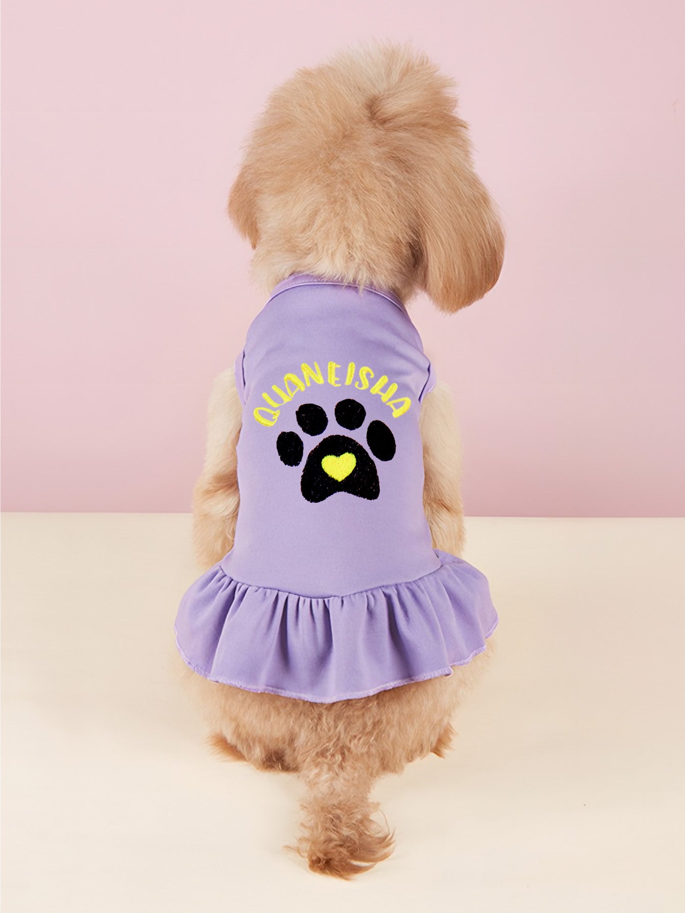 Detailed close-up of embroidered design motifs on personalised dog & cat dress — durable stitching on breathable cotton