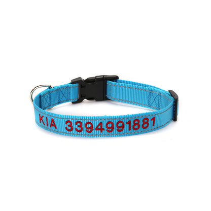 Side view of personalised reflective dog collar highlighting width choices from 1.5cm to 2.5cm and lightweight, flexible design