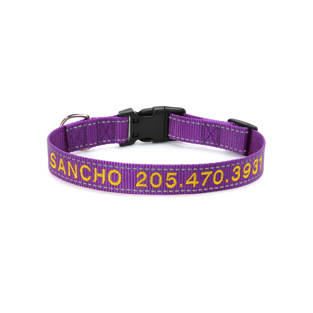 Night visibility demonstration of personalised reflective dog collar with reflective strip illuminated by car headlights for safer evening walks