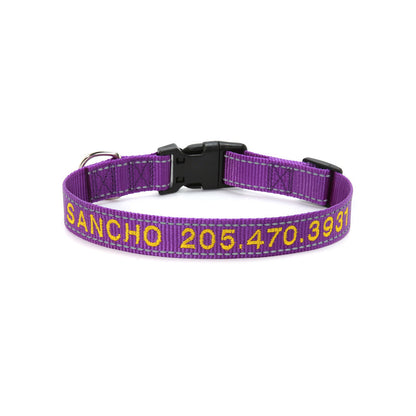 Night visibility demonstration of personalised reflective dog collar with reflective strip illuminated by car headlights for safer evening walks
