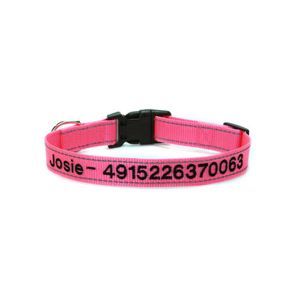 Close up of durable clear imprint of dog name and phone number on personalised reflective collar to aid quick identification