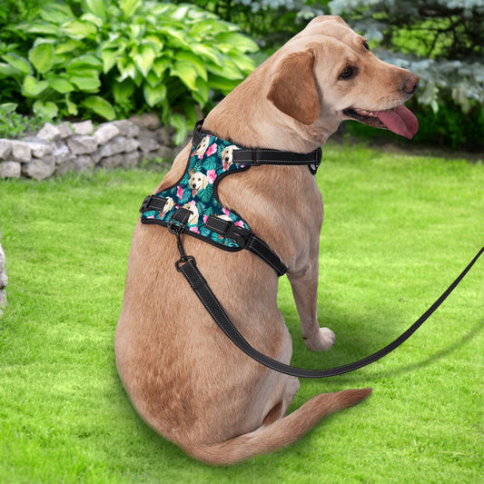 Side view of Custom Hawaiian Dog Harness showing two quick-release buckles and four adjustable straps for a secure no-pull fit with reflective strips
