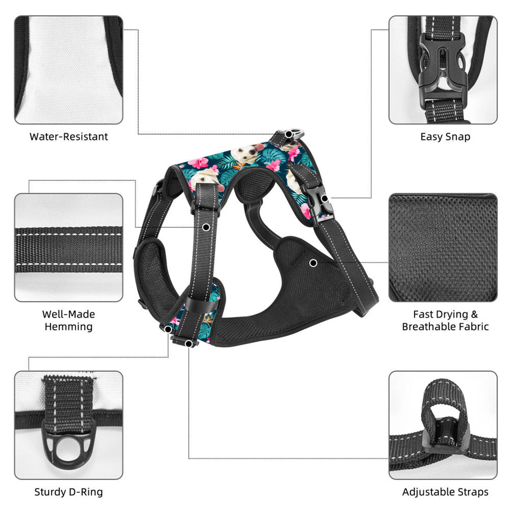 Top view of personalised Custom Hawaiian Dog Harness showcasing custom print options — add photos, music files or text to the adjustable reflective vest
