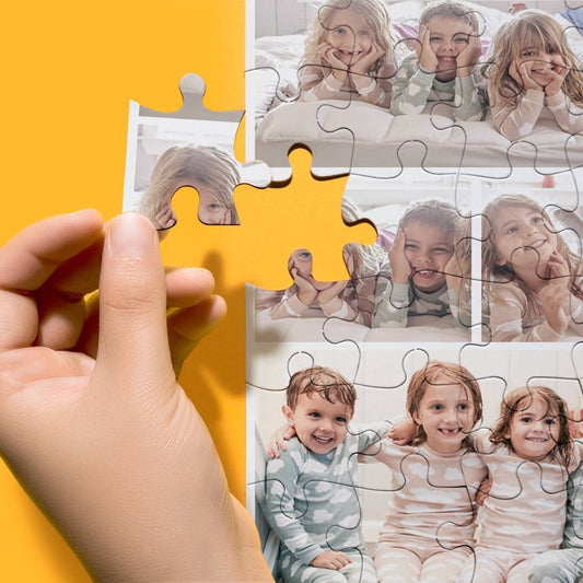 Personalised pet photo jigsaw puzzle assembled showing a vivid dog portrait — custom photo puzzle UV-printed on thick cardboard, ideal gift (AU & UK)