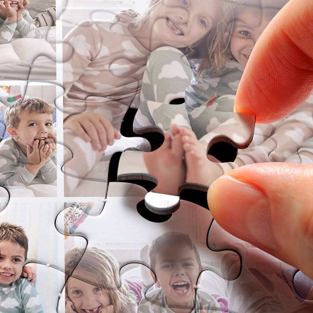 Close-up of personalised pet photo jigsaw puzzle pieces highlighting snug-fitting shapes and saturated UV-printed colours for a quality custom photo puzzle