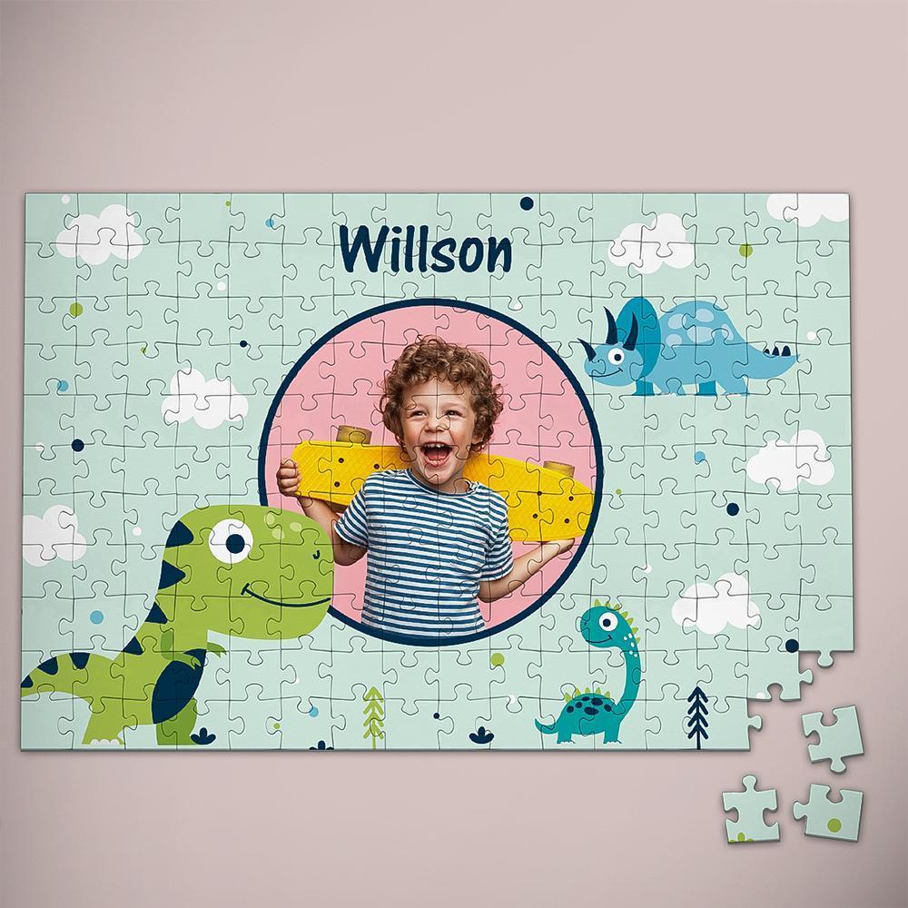 Custom Cartoon Dinosaur Photo Puzzle personalised photo jigsaw featuring a colourful cartoon dinosaur and uploaded photo on durable thick cardboard