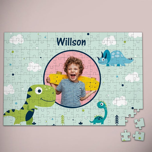 Custom Cartoon Dinosaur Photo Puzzle personalised photo jigsaw featuring a colourful cartoon dinosaur and uploaded photo on durable thick cardboard