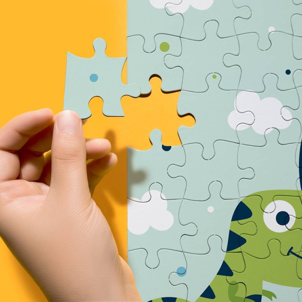 Custom Cartoon Dinosaur Photo Puzzle personalised photo jigsaw featuring a colourful cartoon dinosaur and uploaded photo on durable thick cardboard