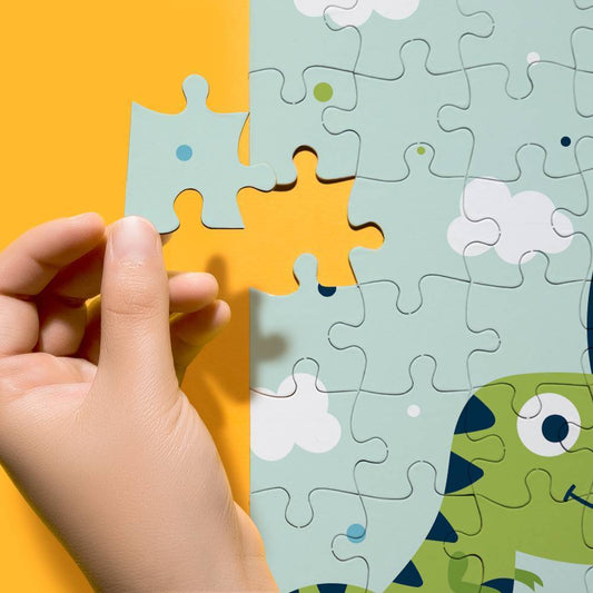Custom Cartoon Dinosaur Photo Puzzle personalised photo jigsaw featuring a colourful cartoon dinosaur and uploaded photo on durable thick cardboard