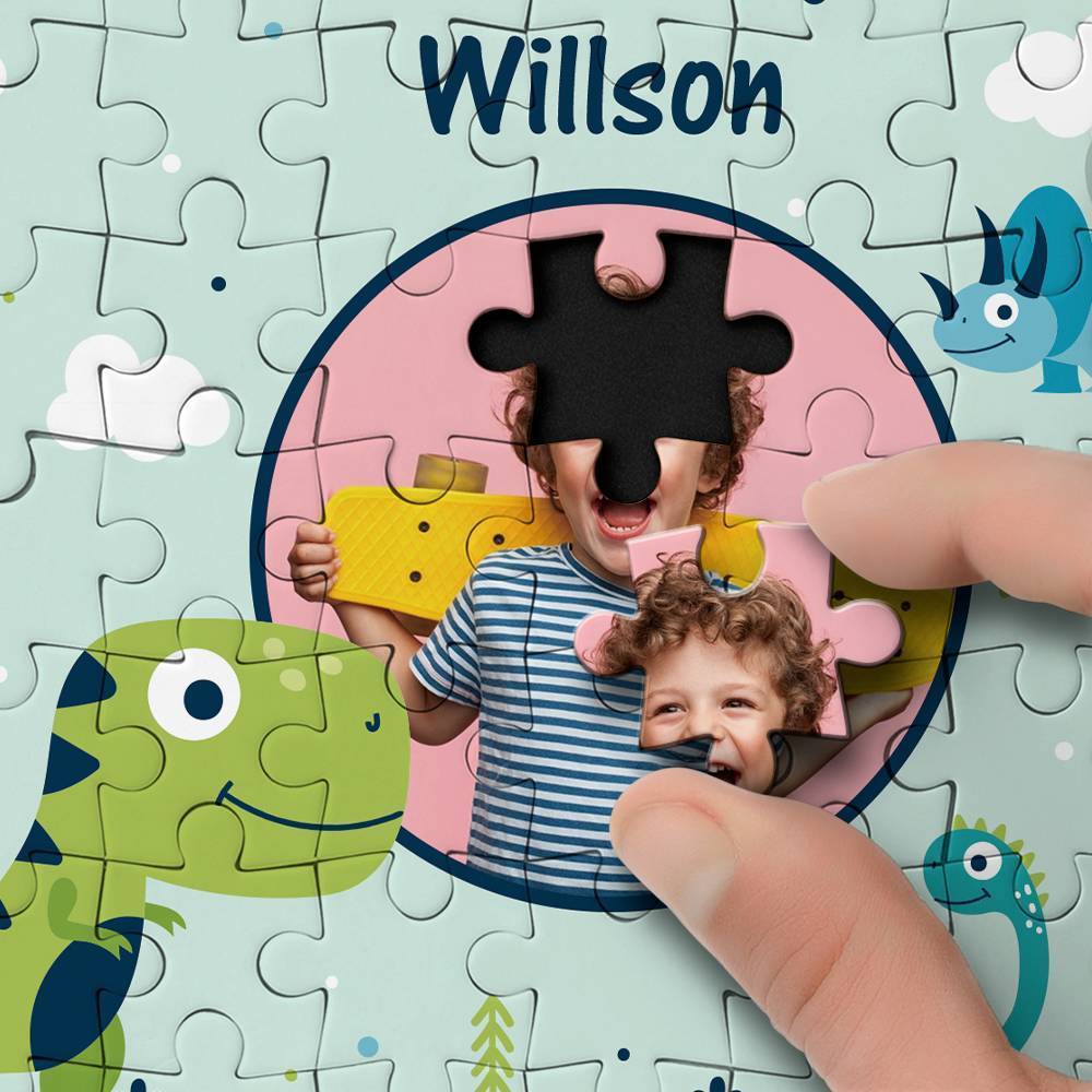 Close-up of puzzle pieces showing vivid UV printing, tight connections and sturdy thick cardboard on personalised dinosaur photo jigsaw