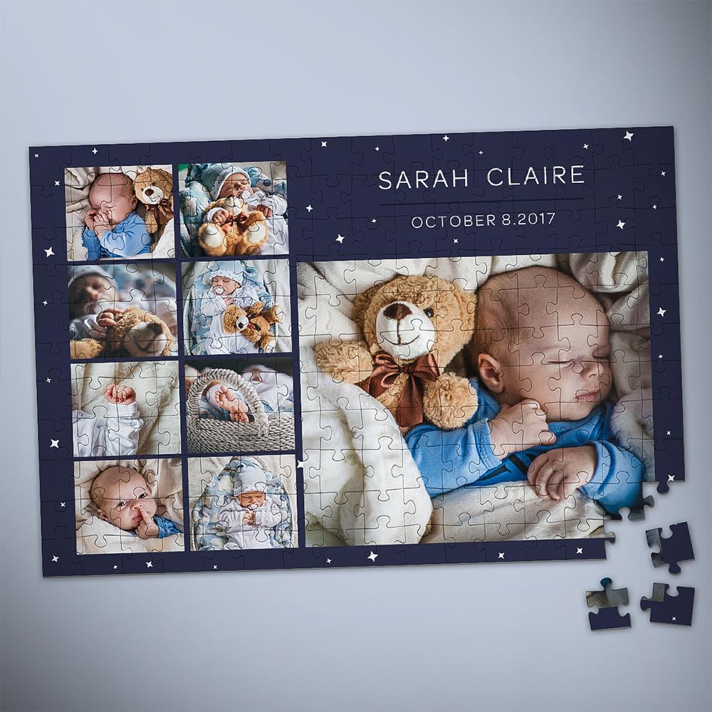 Personalised photo jigsaw puzzle featuring a newborn baby image assembled flat — UV printed keepsake ideal as a custom newborn puzzle gift