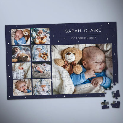 Personalised photo jigsaw puzzle featuring a newborn baby image assembled flat — UV printed keepsake ideal as a custom newborn puzzle gift