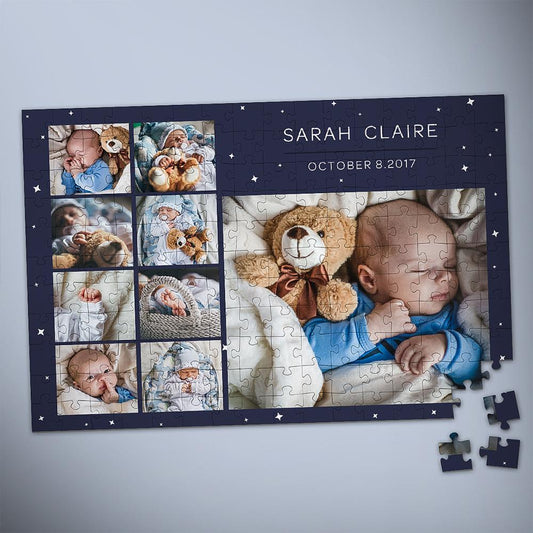 Personalised photo jigsaw puzzle featuring a newborn baby image assembled flat — UV printed keepsake ideal as a custom newborn puzzle gift