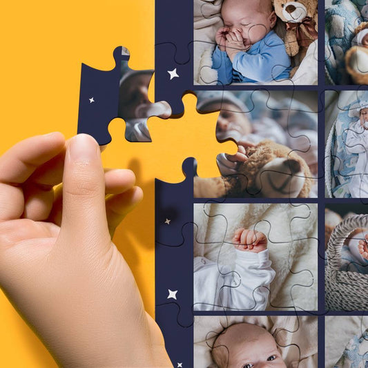 Personalised photo jigsaw puzzle featuring a newborn baby image assembled flat — UV printed keepsake ideal as a custom newborn puzzle gift