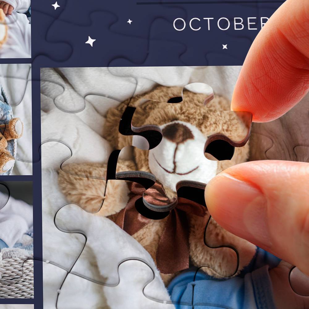 Custom photo puzzle collage with up to nine images displayed — personalised baby keepsake puzzle perfect for nursery wall decor