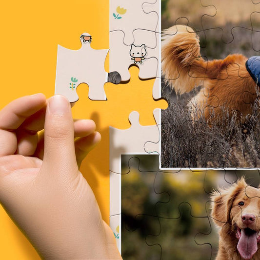 Personalised Pet Photo Jigsaw Puzzle — assembled custom pet photo on a white background, vivid UV-printed colours and tight-fitting pieces; custom photo gift (35–1000 pieces) for Australia & UK