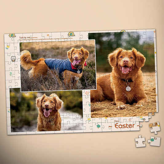 Personalised Pet Photo Jigsaw Puzzle — assembled custom pet photo on a white background, vivid UV-printed colours and tight-fitting pieces; custom photo gift (35–1000 pieces) for Australia & UK
