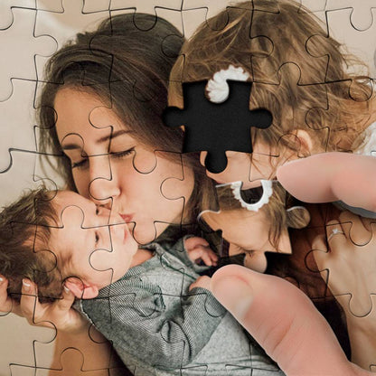Personalised photo jigsaw puzzle example with custom text (name and date) printed on surface — bespoke wedding or keepsake gift