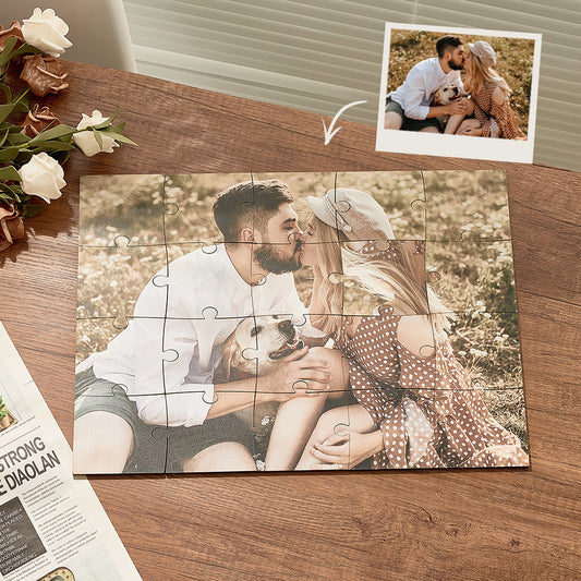 Personalised wooden jigsaw 30cm × 42cm (20 pieces) with a custom photo print on eco‑friendly wood — tactile, no‑frame keepsake and ideal wooden puzzle gift for couples.