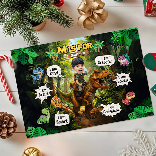 Personalised photo jigsaw puzzle showing a little boy riding a dinosaur with your uploaded picture integrated – custom kids gift and personalised photo jigsaw