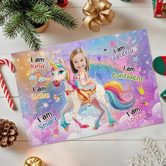 Personalised photo jigsaw with unicorn princess background and child's portrait in the centre — ideal personalised gift for kids