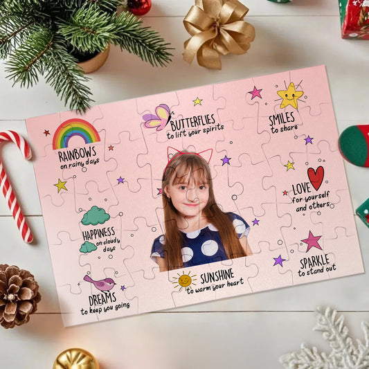 Personalised photo jigsaw puzzle showing a child's portrait with a prayer-themed design on paper – prayer keepsake gift for kids