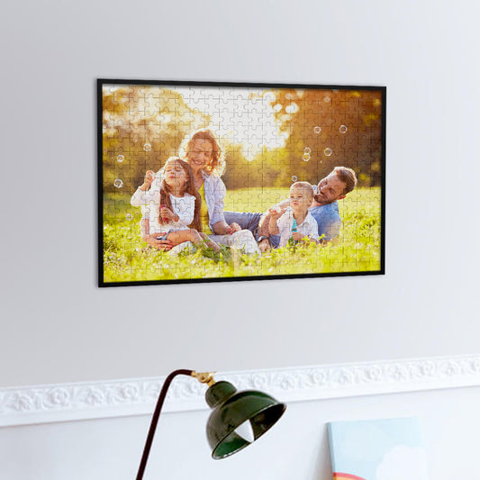 Custom cardboard photo jigsaw puzzle, no frame — personalised photo puzzle printed on eco-friendly wood-based cardboard; available in five sizes (70–1000 pieces).