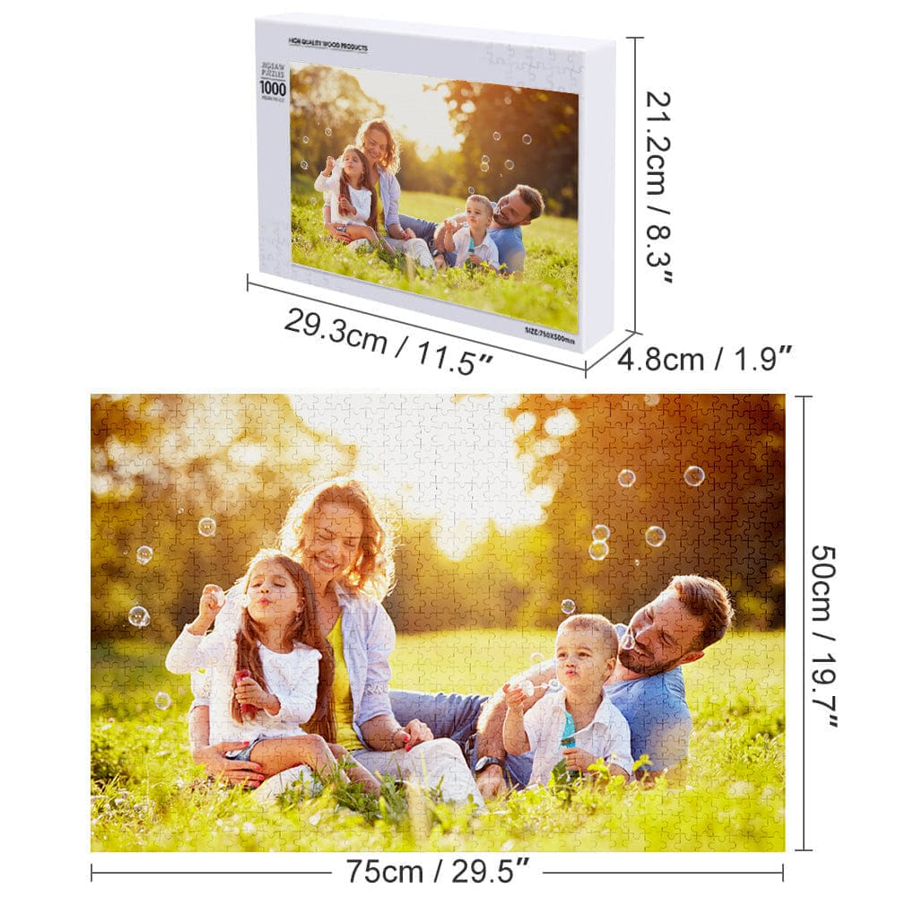Family assembling a personalised photo jigsaw puzzle together — a screen-free activity that promotes relaxation and problem-solving for all ages