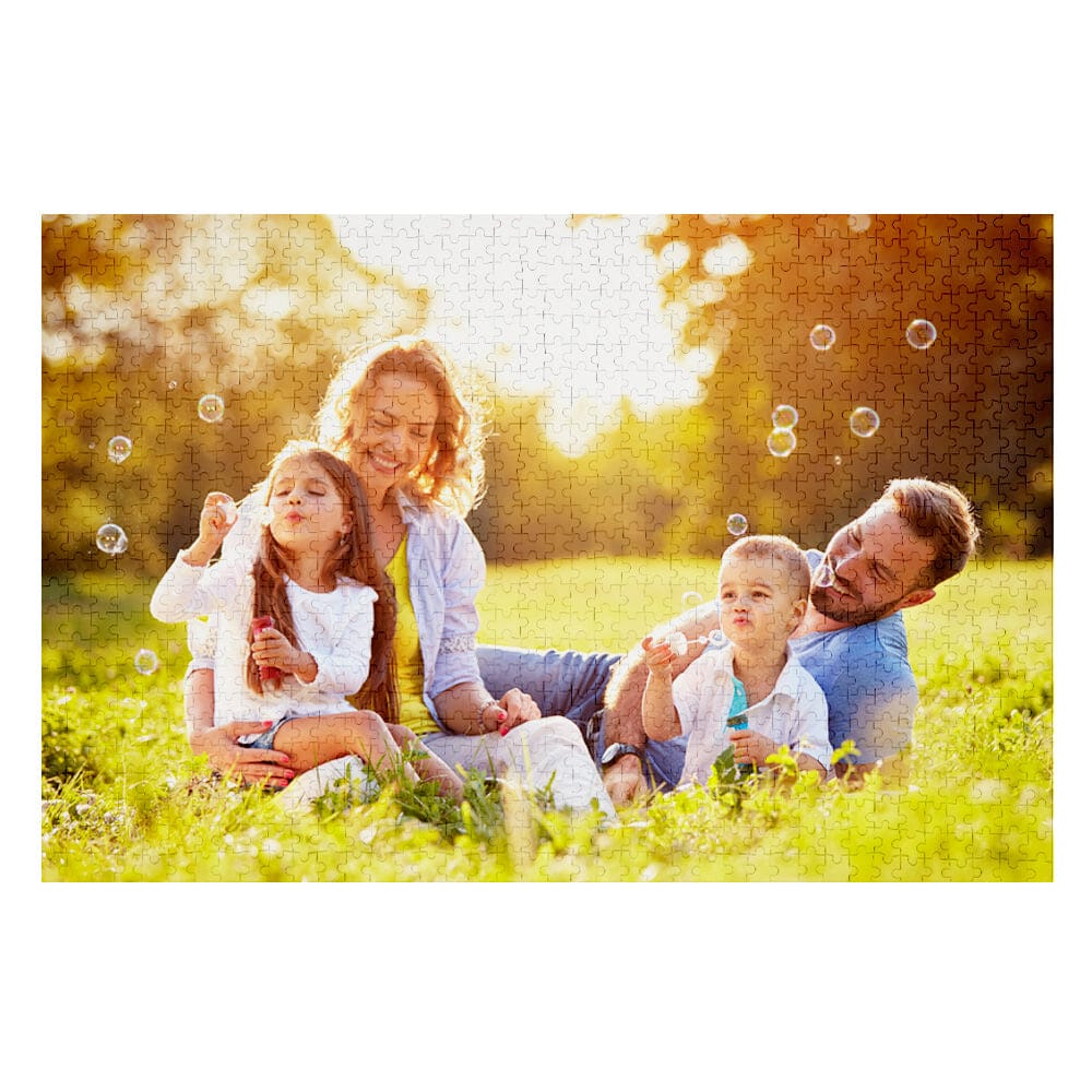 Family assembling a personalised photo jigsaw puzzle together — a screen-free activity that promotes relaxation and problem-solving for all ages