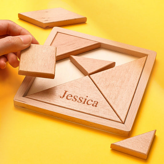 Handmade personalised engraved tangram wooden jigsaw puzzle presented in a handcrafted wooden box with custom name on the lid — perfect custom gift for family, learning and display