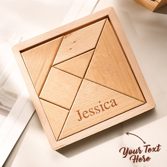 Handmade personalised engraved tangram wooden jigsaw puzzle presented in a handcrafted wooden box with custom name on the lid — perfect custom gift for family, learning and display