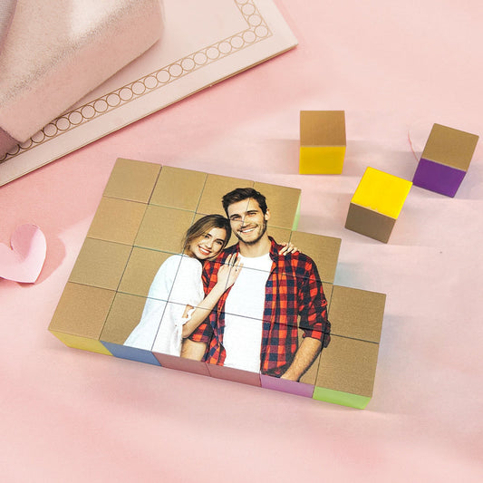Personalised photo magnetic building blocks assembled as a magnet cube displaying a family photo – custom magnet cube toy for kids and adults, gift-ready keepsake