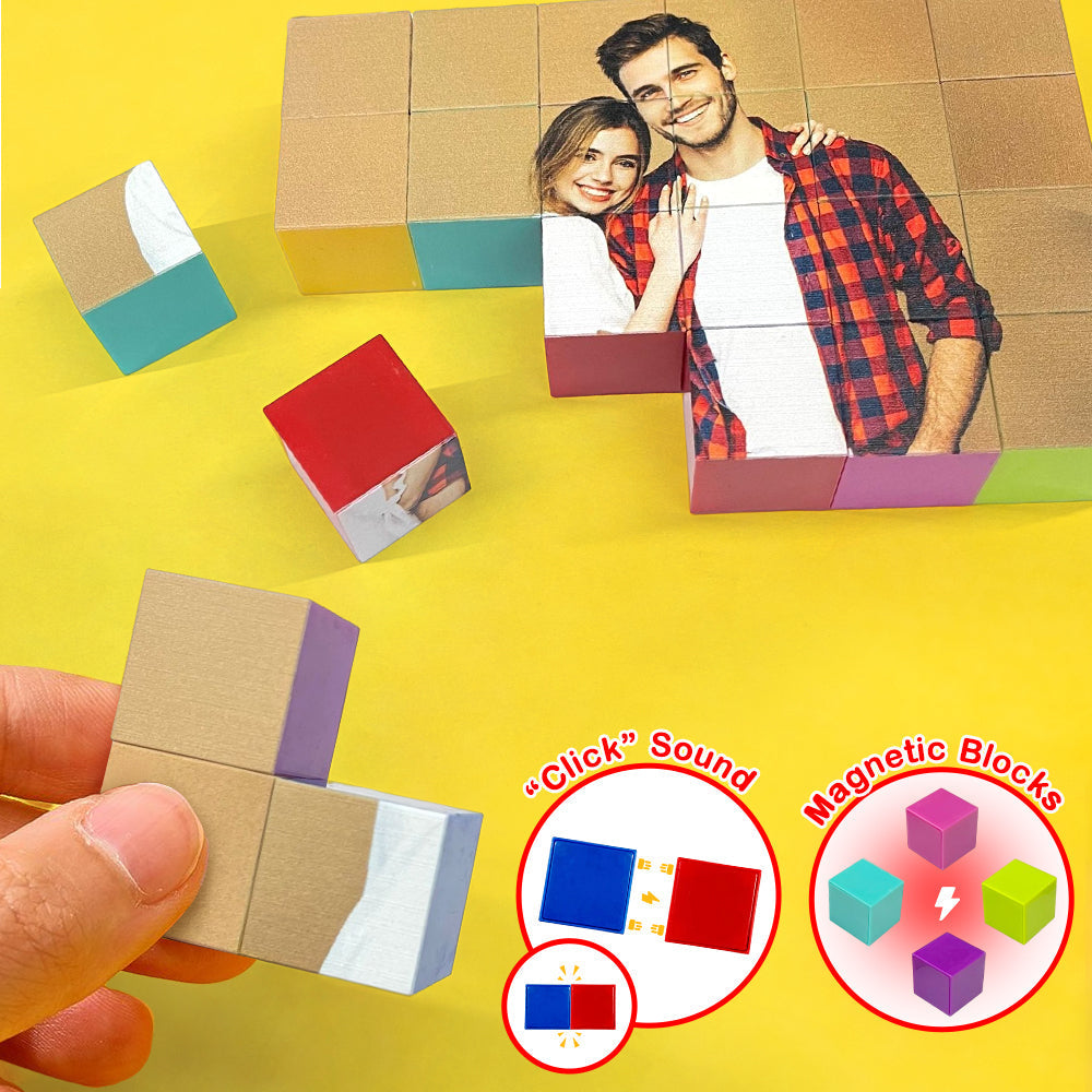 Close-up of personalised magnetic photo blocks showing vibrant prints and strong magnets – modular magnetic photo cube puzzle made from premium ABS for lasting play