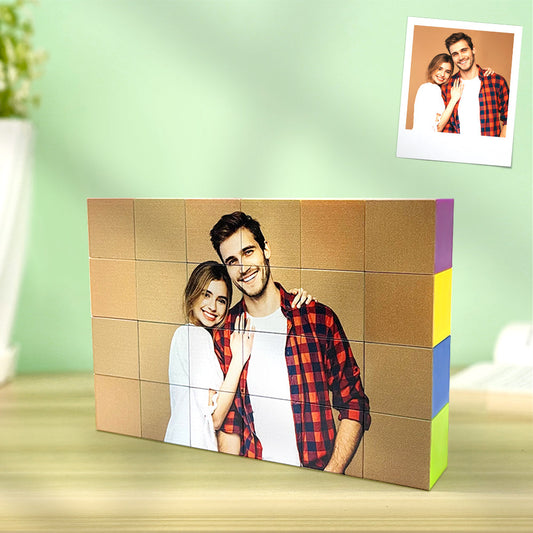 Personalised photo magnetic building blocks assembled as a magnet cube displaying a family photo – custom magnet cube toy for kids and adults, gift-ready keepsake